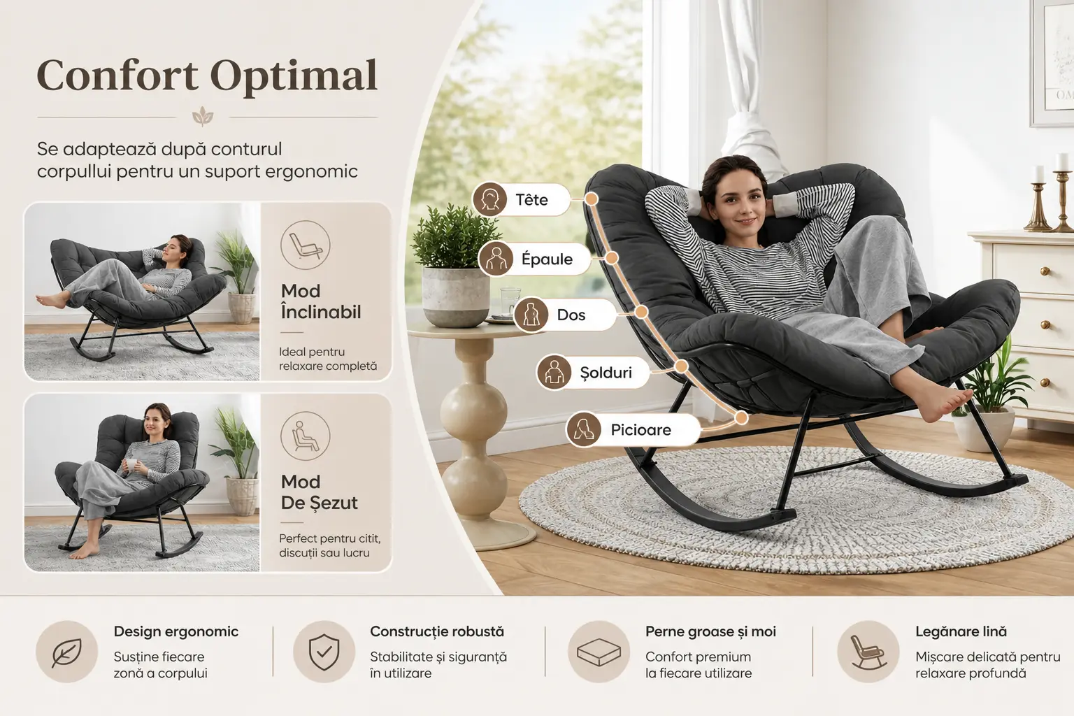 Scaun balansoar lounge cu pernă Cloud Comfort – imagine detaliu 3